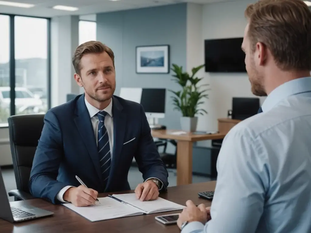 courtier en assurance avec un client et son contrat