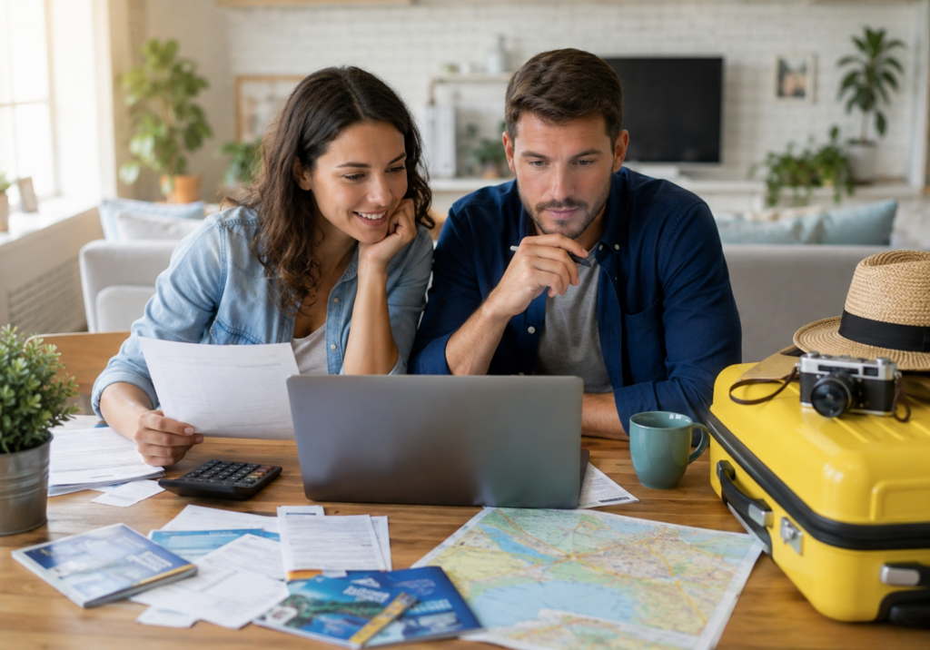 Couple préparant son départ et vérifiant les assurances à vérifier avant les vacances d'été